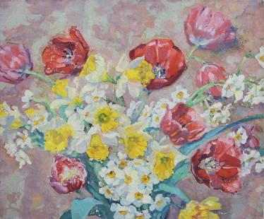 Margaret Jordan Patterson Oil on Canvas Flowers: Margaret Jordan Patterson (American, 1867-1950). Oil on canvas, Spring Flowers. Signed Margaret J. Patterson and dated 1931 on verso. North Shore Arts Exhibition Ninth Annual Exhibition label dated 19