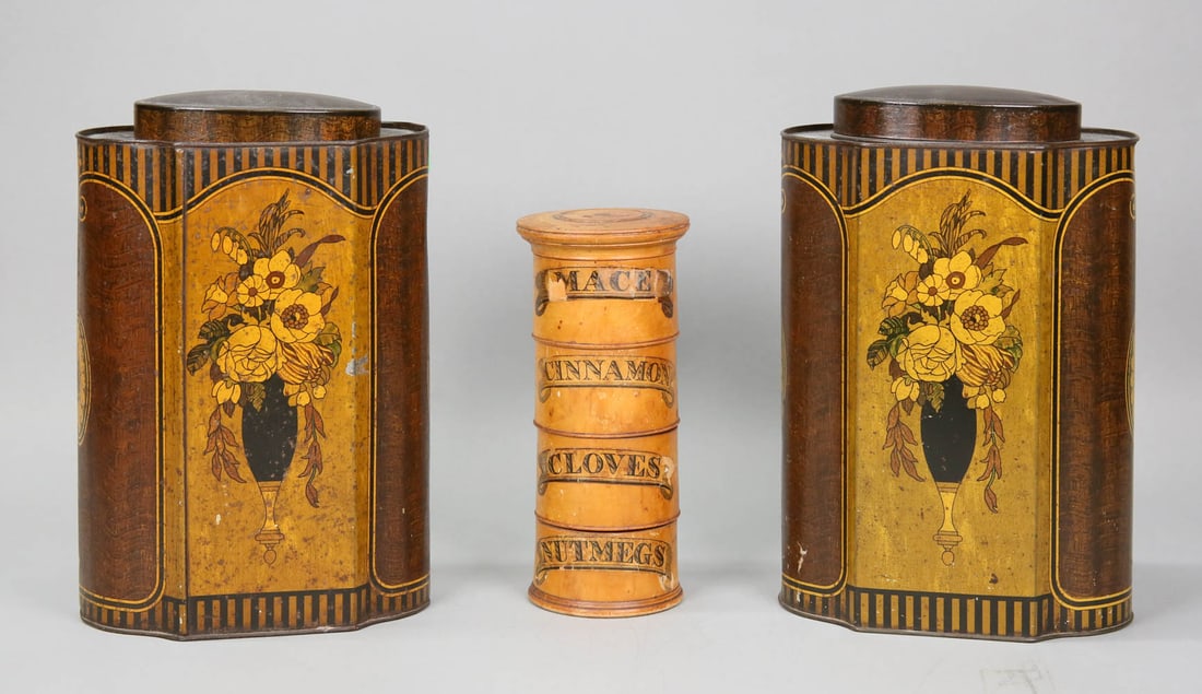 Pair of Tole Tea Canisters & Treen Spice Box (1 of 20)