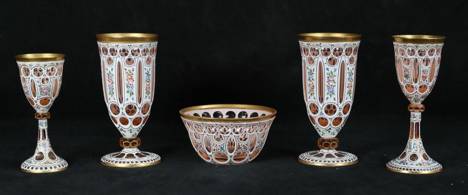 5 Pieces Moser Style Bohemian Glass: 5 pieces Moser style Bohemian glass. Cut to pink. Tallest 6".