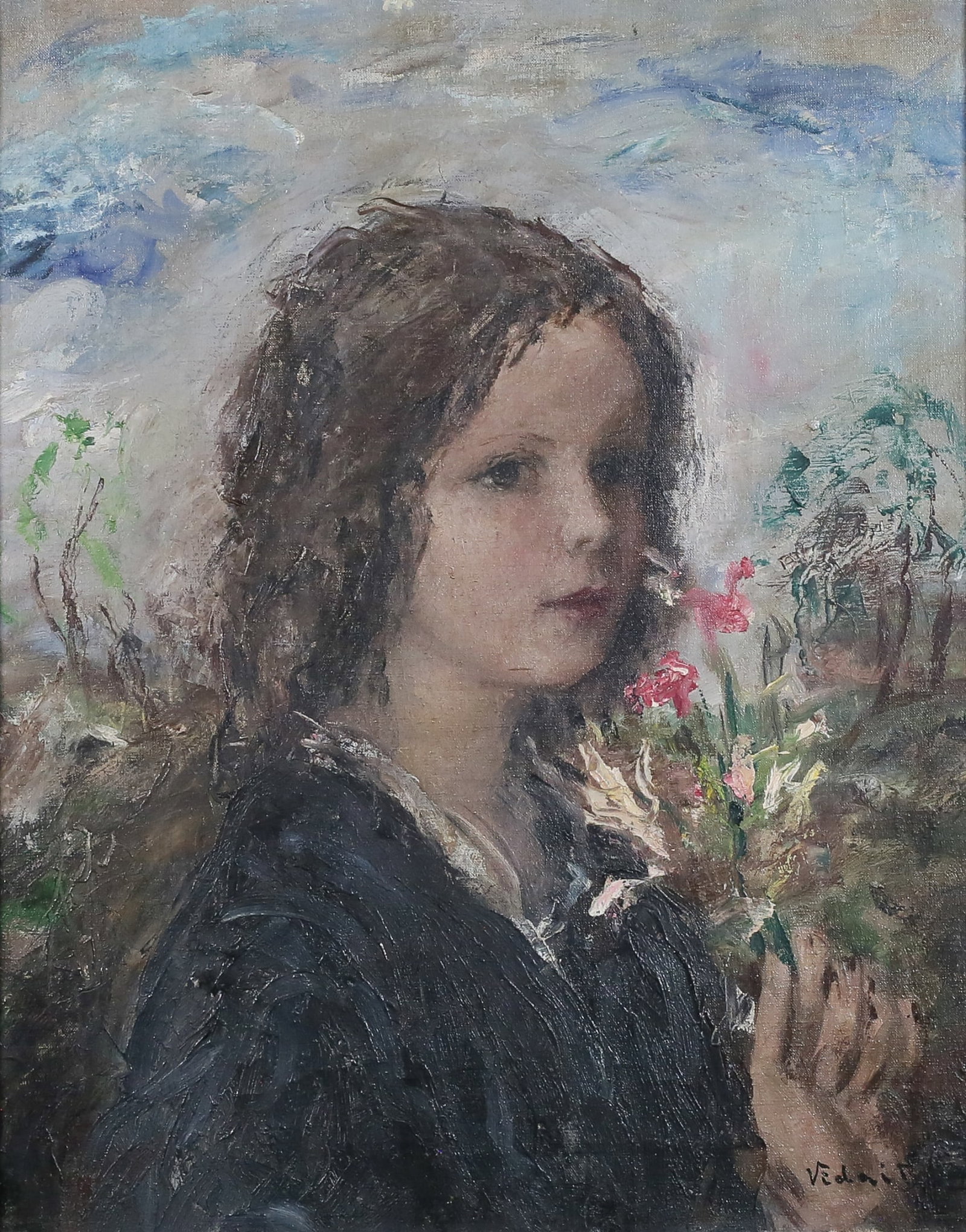 Aurel Naray Oil on Canvas Portrait of a Woman: Aurel Naray (Hungarian, 1883-1948). Oil on canvas, portrait of a woman with flowers. Signed lower right. 19 1/2" x 15 1/2" (with frame 23 3/8" x 19 3/8").