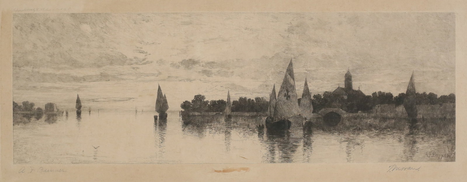 Thomas Moran After A.F. Bunner Etching Venice: Thomas Moran (American, 1837-1926), after Andrew Fisher Bunner (American, 1841-1897). Etching, harbor scene, Venice. Signed A.F. Bunner in the plate lower right, pencil signed A.F. Bunner lower left a
