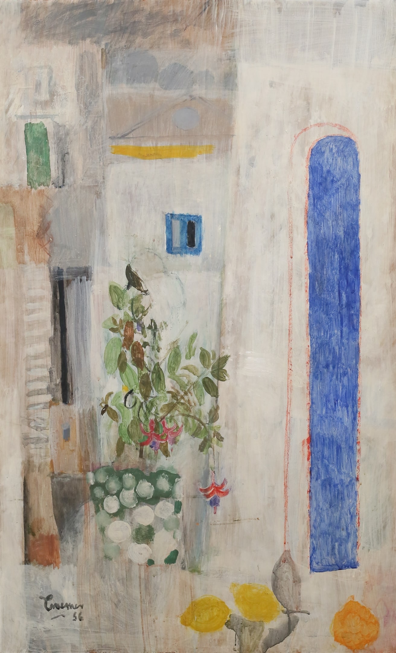 Kurt Craemer Oil on Masonite Still Life: Kurt Craemer (German, 1912-1961). Oil on Masonite, still life with cityscape. Signed and dated Craemer 56 lower left. 49" x 30 1/2". Nail holes to corners and around edges. Chip to Masonite lower left