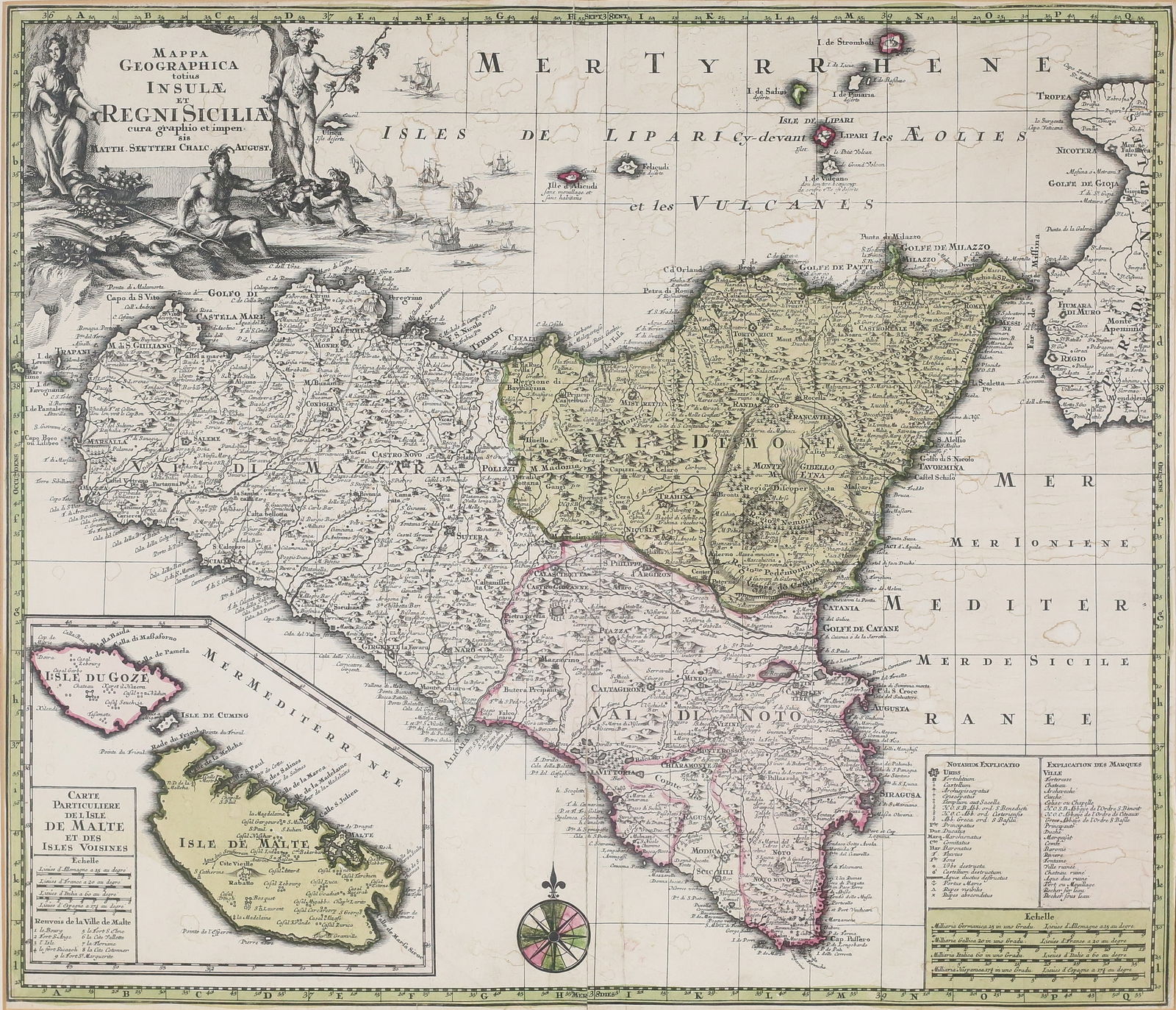 Matthaus Seutter Map of Sicily: Matthaus Seutter (German, 1678-1757). Map of Sicily, Mappa Geographica totius Insulae et Regni Siciliae. Hand colored engraving, double page with center seam. Circa mid-1700s. 19 3/4" x 23" (with fram