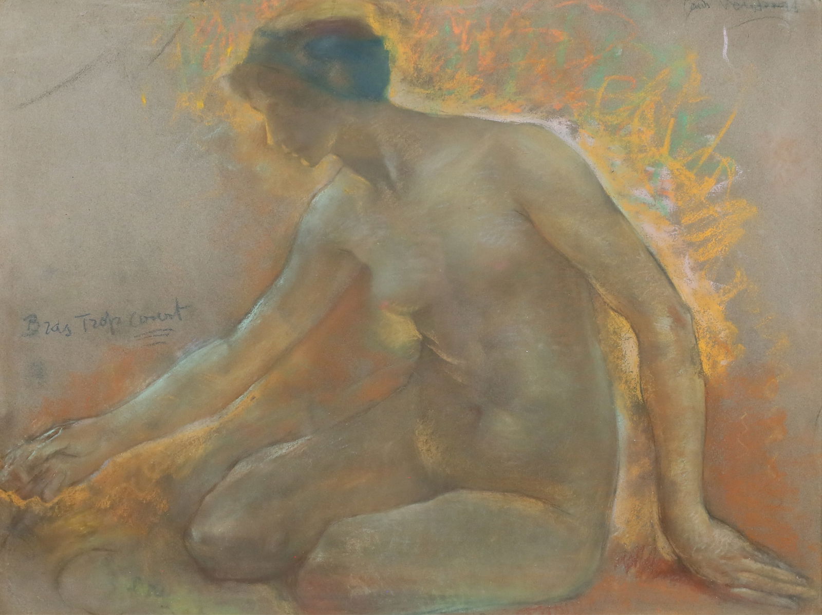 Louis Mathieu Verdilhan Pastel Seated Nude: Louis Mathieu Verdilhan (French, 1875-1928). Pastel drawing, seated nude. Signed upper right. With Sotheby's labels on frame, sale 5010. 25" x 33" (with frame 26 5/8" x 34 1/2"). Chips, scratches and