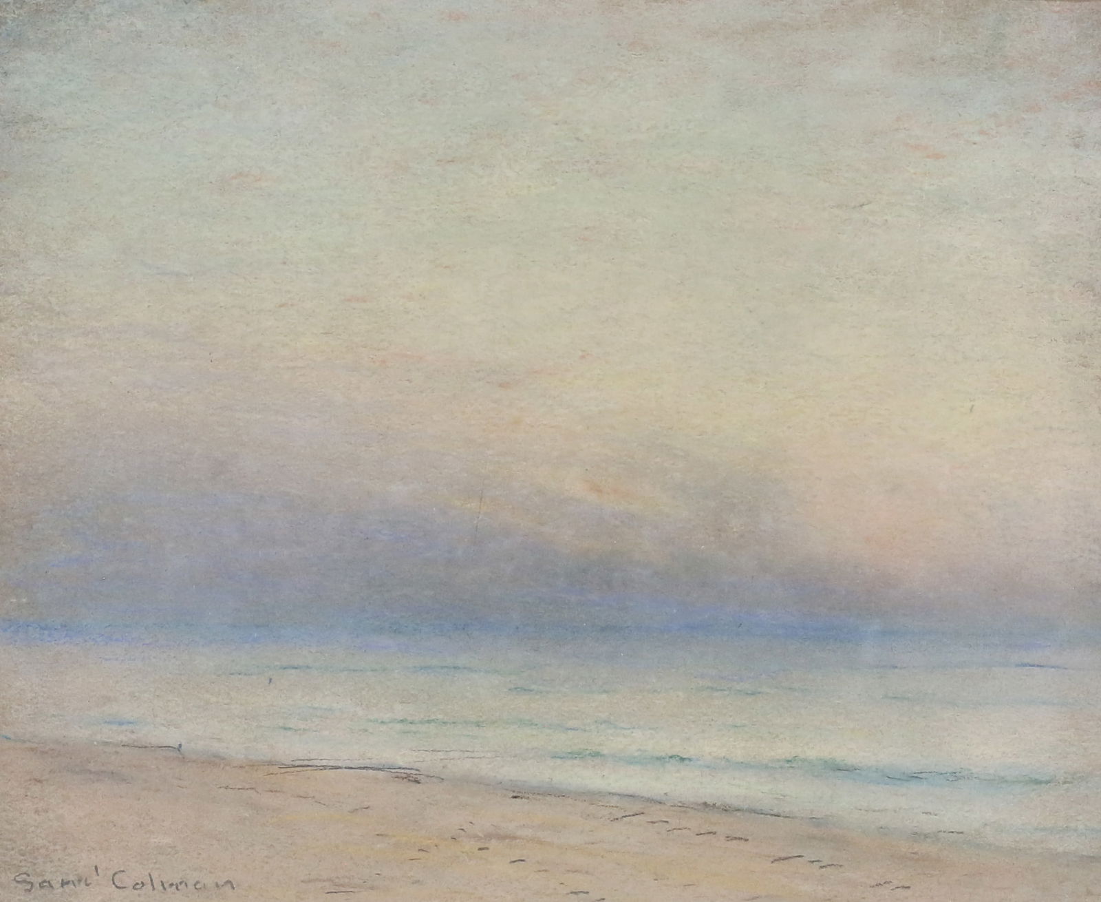 Samuel Colman Pastel Coastal Landscape: Samuel Colman (American, 1832-1920). Pastel, coastal landscape. Signed lower left. 4 3/4" x 5 3/4" (with frame 12 1/4" x 12 3/4"). Foxing to mat, chips and scratches to frame. Provenance: Estate of Pr