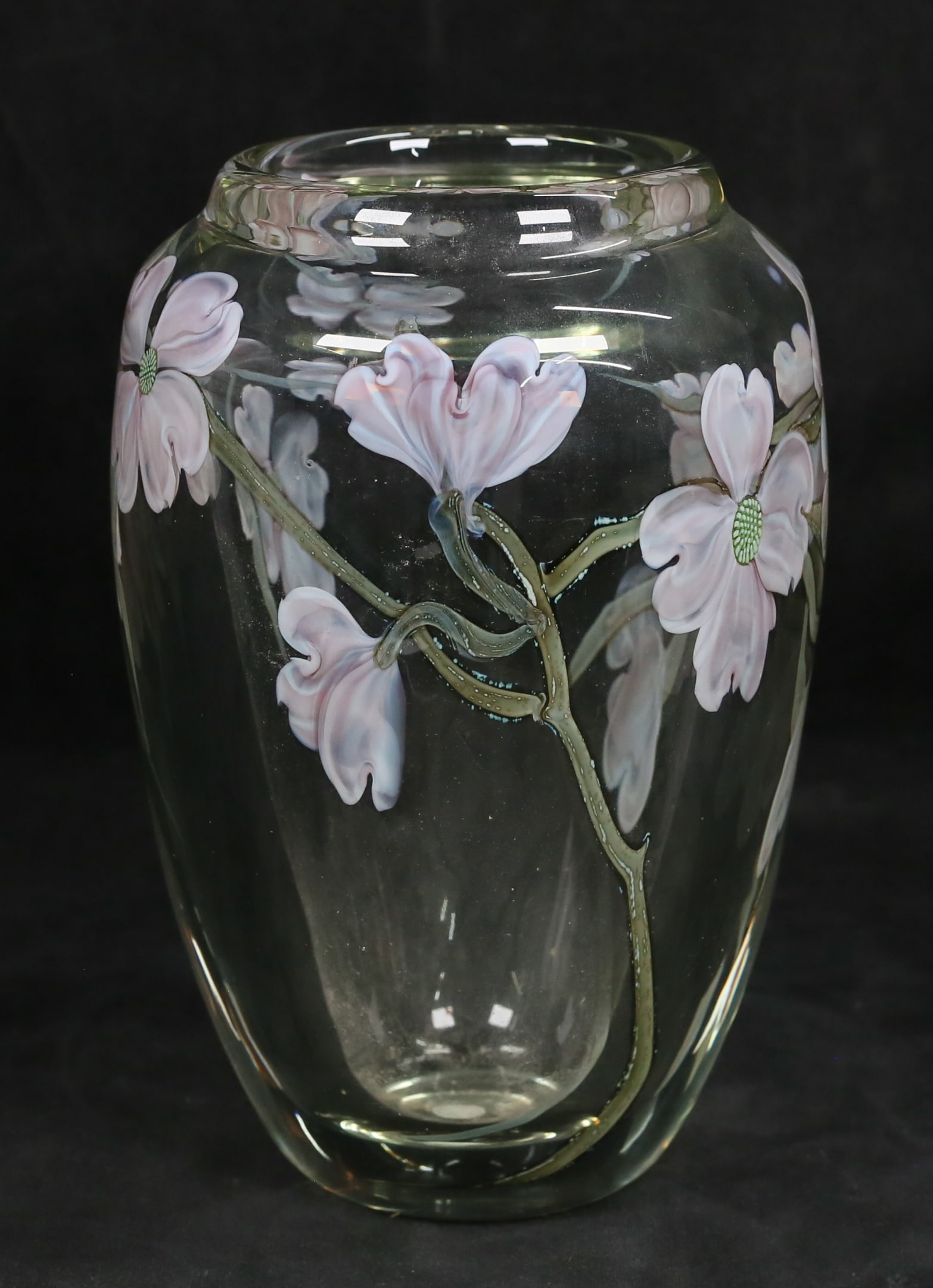Orient & Flume Art Glass Paperweight Vase: Orient and Flume art glass "Paperweight" vase, with hand painted floral decoration. Signed on the underside Orient + Flume CP 1984 D13. 8 1/4"H. Minor scratches and shelf wear to the underside.