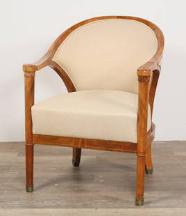 Josef Danhauser Biedermeier Armchair: Josef Danhauser, Biedermeier armchair. Walnut and pear wood, cream upholstery, brass caps on the feet. Circa 1820. 23 3/4"W x 22 3/4"D x 31 1/2"H. Seat height 18"H. Cracks to veneer along back and alo
