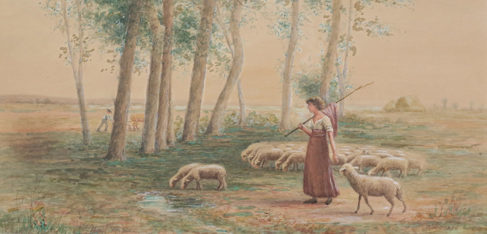 Charles Gruppe Shepherdess & Her Flock: Charles Paul Gruppe (Canadian, 1860-1940), after Henry Lerolle (French, 1848-1929). Watercolor, shepherdess and her flock, after Lerolle's Dans la campagne / La Gardienne de Moutons. Signed lower righ
