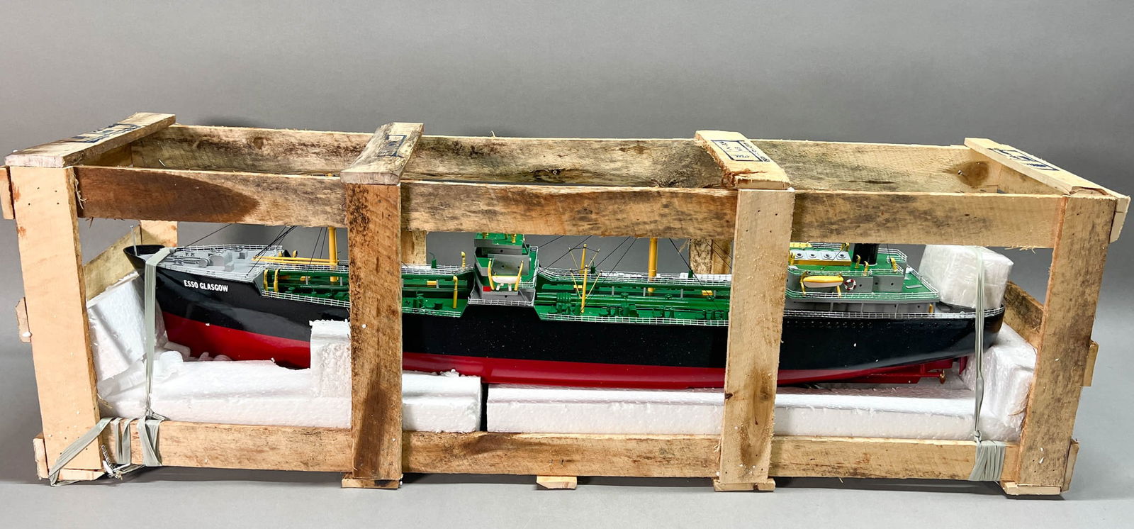 Esso Glasgow #TK0071P Ship Model: Esso Glasgow #TK0071P Ship Model already packed in crate. There is some loosening of strings and rigging. There are two parts of the ships top that have detached with storage, see in photos. Minor scr