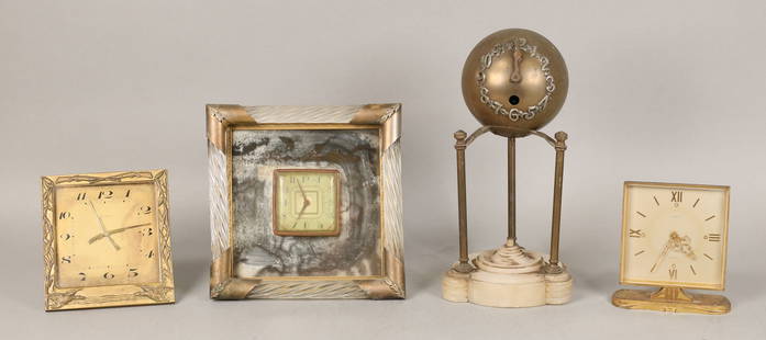 4 Desk & Mantel Clocks: 4 desk and mantel clocks. Art nouveau orb or globe clock with alabaster base, 9 3/4"H; brass presentation clock with duck hunting motif, inscription dated 1929 on the reverse, 4 1/2"H; Gubelin 8 day b