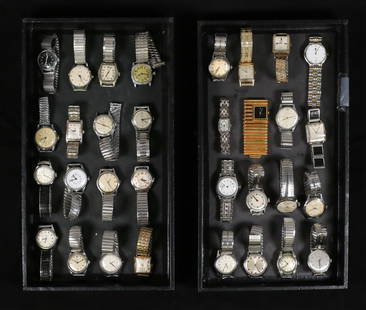 32 Vintage Watches Bond, Waltham, Bulova: Lot of 32 vintage wrist watches. 4 Benrus, Fairfax, JB Champion, Berger, Pieve Nicol, Doxa, Defender, Mervos, Mepa, Enzo, Belfont, Timex, Mulco, Waltham, Tara, 5 Elgin - 1 Sportsman, Wyler, Welsbro, R
