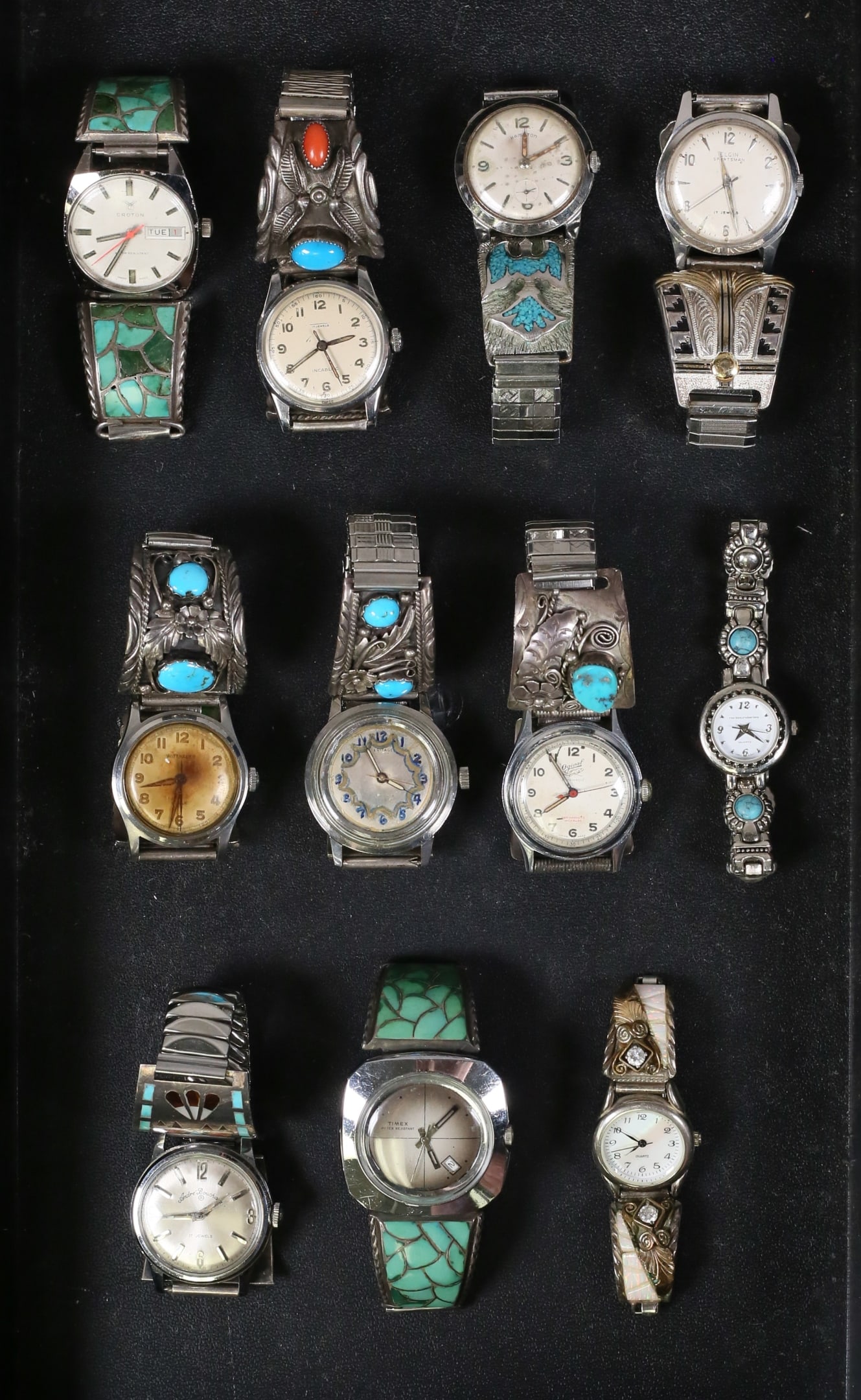 11 Watches With Stone, Sterling Bands: 11 vintage watches with stainless and sterling or silver tone and stone decorated bands. Hamilton, band with turquoise inlaid birds; Croton band with sterling and turquoise inlays; unmarked Incabloc w