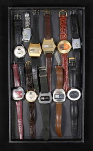 11 Vintage Jump Hour Watches Gruen, Henri Gireaux: Lot of 11 vintage jump hour watches. 2 Gruen Autowind, 2 Lucerne - 1 Digital and 1 Racing, Desta Digital Automatic, Henri Gireaux, Jowissa, Sutton Digital, unmarked, Roschil, Seeland. Gruen each 1 1/2