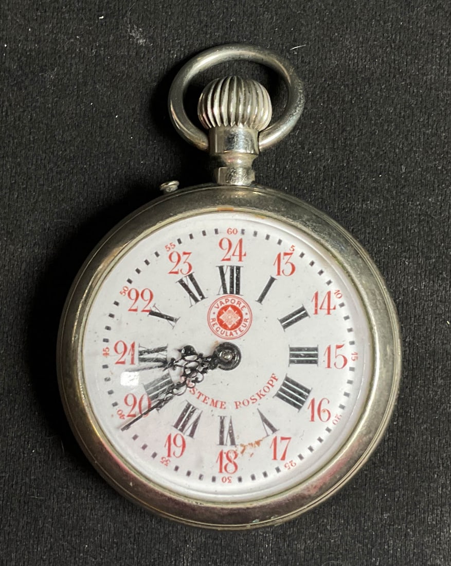 Systeme Roskopf Vapore Regulateur Pocket Watch: Systeme Roskopf Vapore Regulateur open face pocket watch. Running, timekeeping untested. Movement 47.625mm, case 2 1/4"-diameter. Some discoloration and scratches to dial. Watches all with scratches t