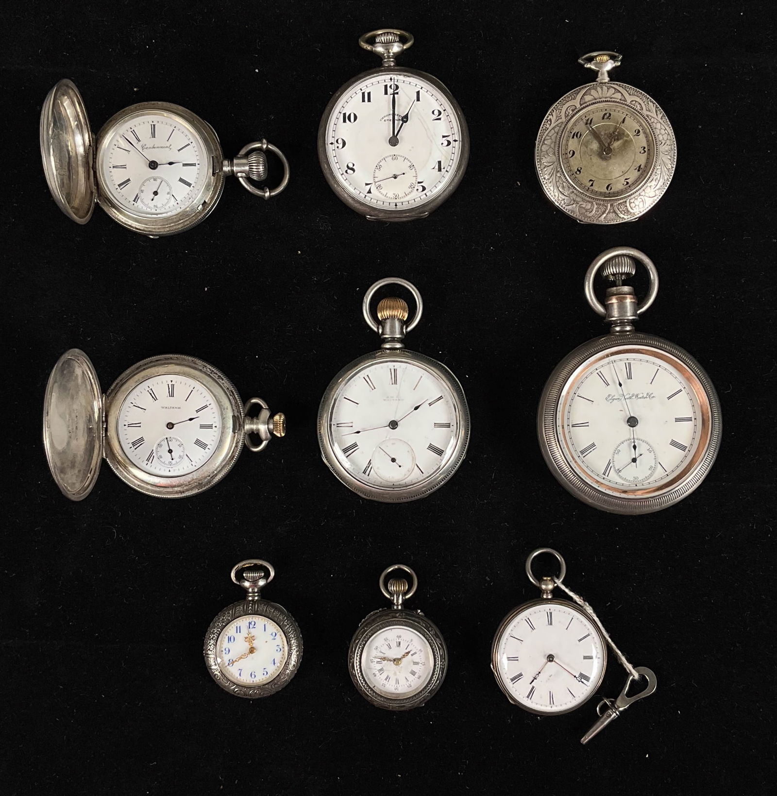 9 Silver Pocket Watches Elgin, Corgemont (1 of 18)