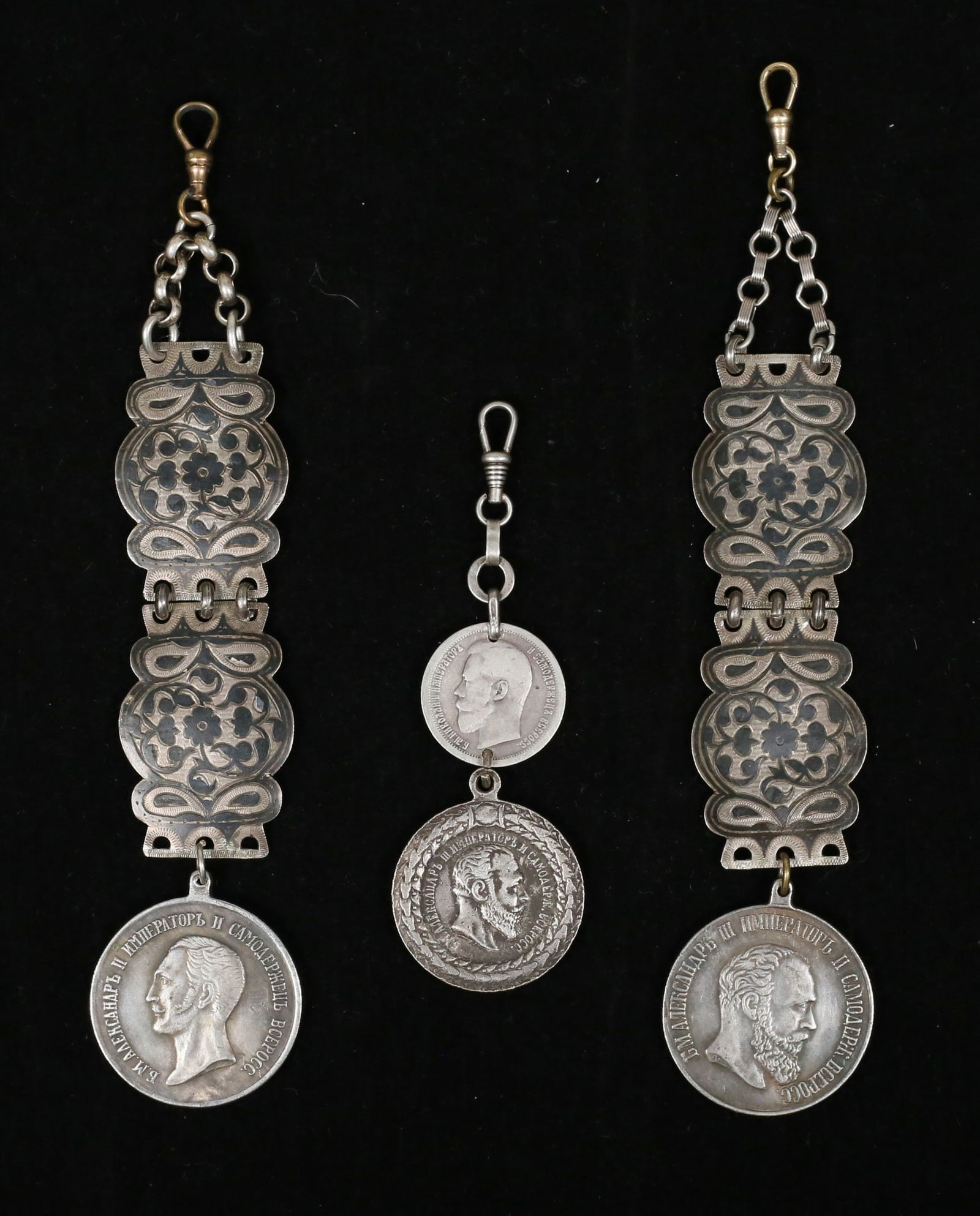 3 Russian Watch Fobs Coin, Medals, Niello Silver (1 of 12)