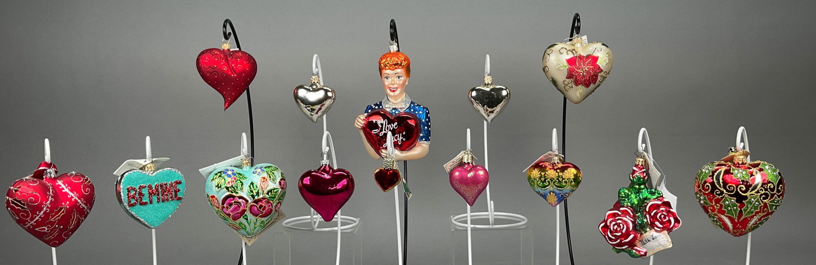 14 Valentines Day Ornaments - Radko, Adler, Hearts: 14 Valentines Day Ornaments - Radko, Adler, Jingle Nog, Waterford, and Old World Christmas. Includes Radko Sweethearts #99-169-0, Love Candy #02-0003-0, Rosegay #1010040, Rainbow Baroque Gem #1010862,