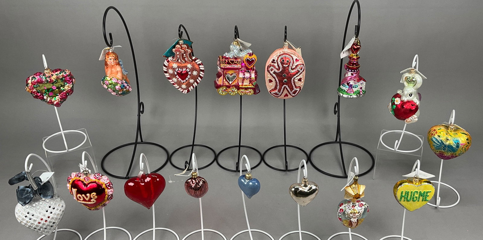 16 Radko Swarovski Valentines Ornaments Hearts: 16 Radko Swarovski Valentines Ornaments Some w/ Tags. Includes Radko Ginger Hearts #962390 - 6" - longest, Cupid Express #1010723, Heartset Bird #98-257-0, Bun of my Heart #99-506-0, Radiant Birth, Lo