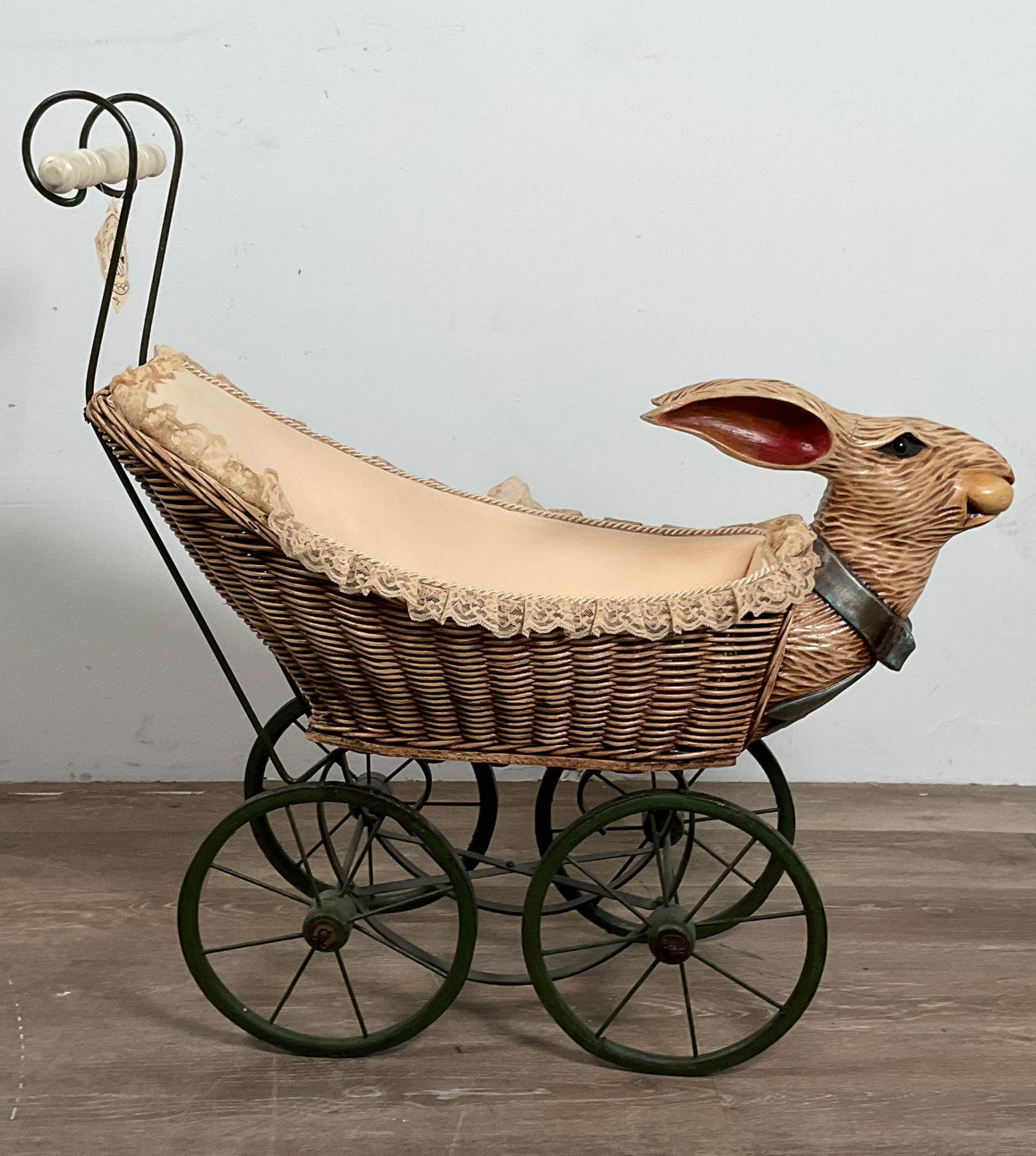 Antique Carved Rabbit Doll Stroller w/ Wicker Bask (1 of 11)