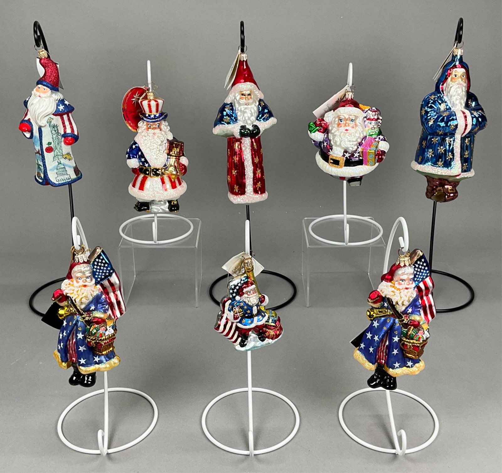 8 Radko Adler Patriotic Ornaments Star Santa: 8 Radko Kurt Adler Patriotic Ornaments with Tags. Includes Starscape Santa - 8" - longest, 4th of July Santa, Tis of Thee #1018273, American Santa, Party Patriot #02-0002-0, Grand Patriot Gem #1010878