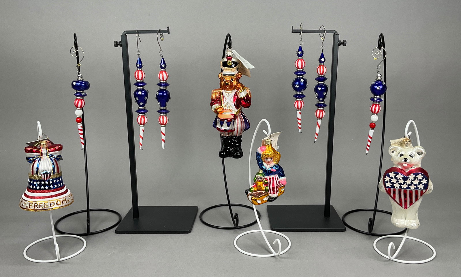10 Radko Patriotic Ornaments Star Bear Bell: 10 Radko Patriotic Ornaments Some with Tags. Includes Rum Tum Teddy with wear to hat#01-0045-0 - 8.5" longest, Liberty Bears #98-205-0, Let Freedom Ring #1015651, 6 Patriotic Icicyles - no tags some m