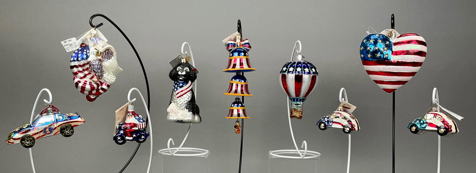 10 Patriotic Ornaments Radko Breen 4th July: 10 Independence Ornaments Radko Breen Old World Christmas with Tags. Includes Radko Freedom Rings Forever #02-0606-0 - 7.75" - Longest - Missing a little paint on top bell and damage to the middle bel