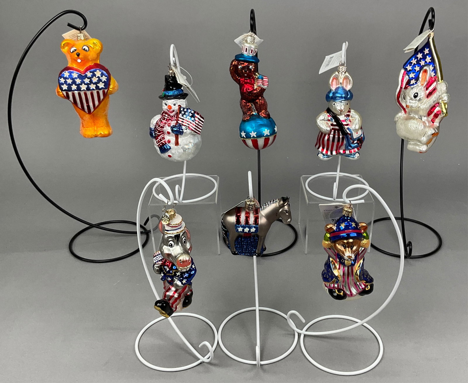 8 Radko Old World Slavic Patriotic Ornaments: 8 Radko Old World Christmas Patriotic Ornaments Most with Tags. Includes Radko Star Spangled Bunny, Messenger of Love Hoppy Vander Hare #99-NAB-03, Patriotic Yellow Bear, Mouse Magic #99-059-0, Frosty