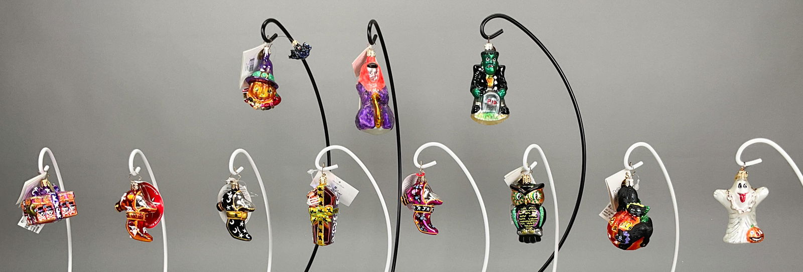 11 Radko Halloween Ornaments Witch, Bat, Ghost: 11 Radko Halloween Ornaments Most with Tags. Includes Witch Way #970020 - 4" - longest, Frankenstein, Wise Eyes Gem #1011233, Batty Jack Gem #01-0849-0, Ghost, Gifts of Grab Gem #1011226, Cat-O-Lanter