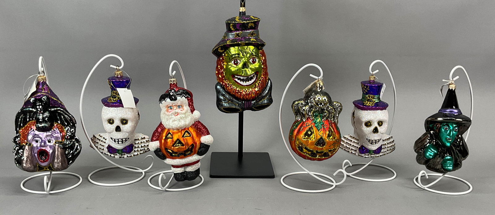 7 Vintage Halloween Ornament Skulls, Hyde & Wicked: 7 Vintage Halloween Fraga 2 - 2 Freakky 7" 05298, 1 Costume Party 7 1/2" 5988, 1 Happy Go Lucky 6" 03147 smallest, 1 Scream 6 1/2" 05251 Signed, 1 Mr. Hyde - Double Sided 8 1/2" . 1 Kurt Adler with or