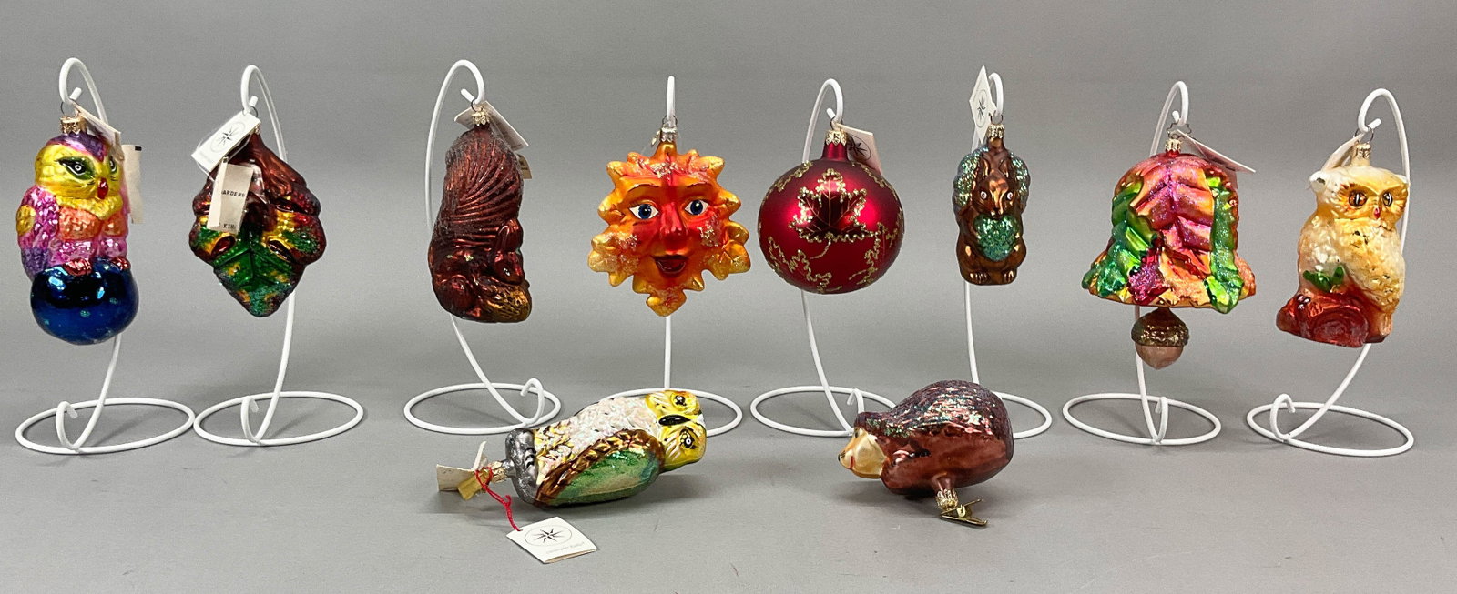 10 Radko Autumn Ornaments: 10 Radko Christmas Ornaments - Most have tags but some do not. Includes groundhog with base clip, Squirrel - (4.5" - Smallest), Nutty #971770, Hooty Hoot, Night Watch (retired), Owl, Autumn Blaze Blue