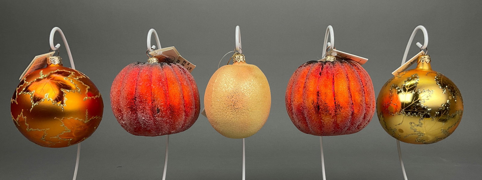 5 Radko Thanksgiving Ornaments Fall Autumn: 5 Radko Thanksgiving Ornaments with Tags. Includes Autumn Leaf Ball - 4.5" - Tallest, Field Pumpkin x2 #98-251-0, Golden Leaf Ball -- Spotted, & Frosty Peach - 4" shortest. Scratches, spots, and paint