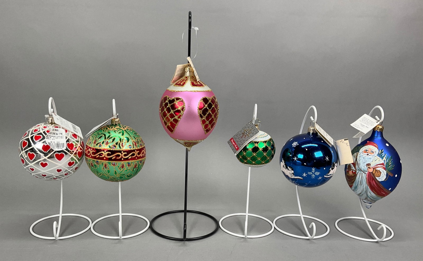 6 Radko Christmas Ornaments Ball Jewels: 6 Radko Christmas Ornaments with Tags. Includes 1998 Felina's Heart, Russian Jewel Heart, #921461, (has some spottiness on the pink areas), Many Spendored #01-0400-0 80011, Snow Birds #962130 (has som