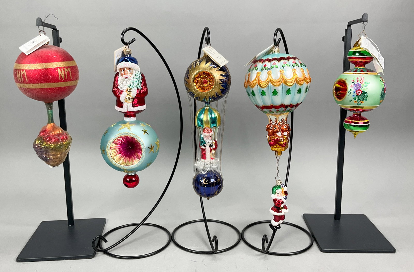 5 Radko Christmas Ornaments Drop Hanging: 5 Radko Christmas Ornaments with Tags. Includes Hang on Till Christmas Limited Edition 1449/10,000 - 2001 (13.5" - Longest), Hot Air Balloon Christmas Ornament, (has a little missing red glitter on on