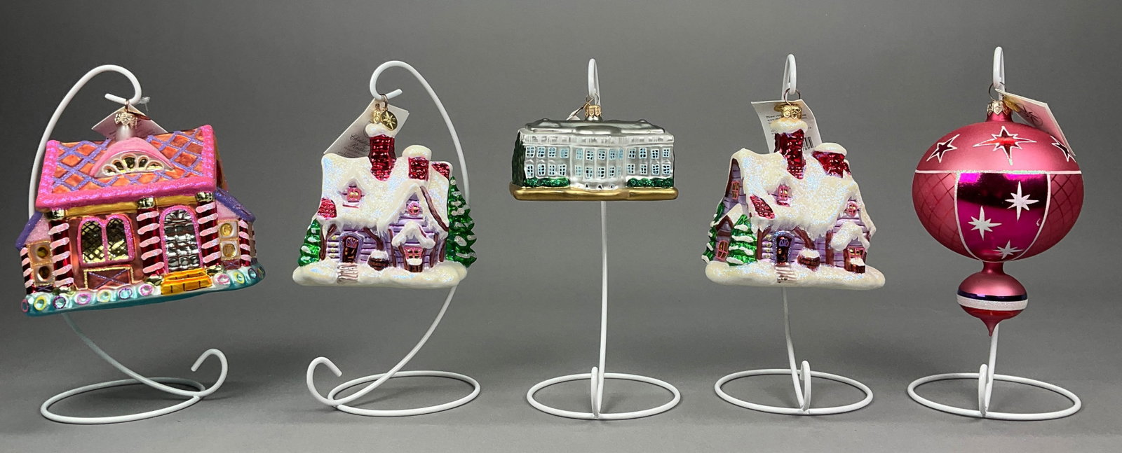 5 Radko Christmas Ornaments with Tags: 5 Radko Christmas Ornaments with Tags. Includes 15th Anniversary Christopher Radko's Favorites #00-1406-0 - 6.5" - longest, Candy Cottage #00-371-0, Holiday Hideaway #00-1259-0 (x2), The Whitehouse - 