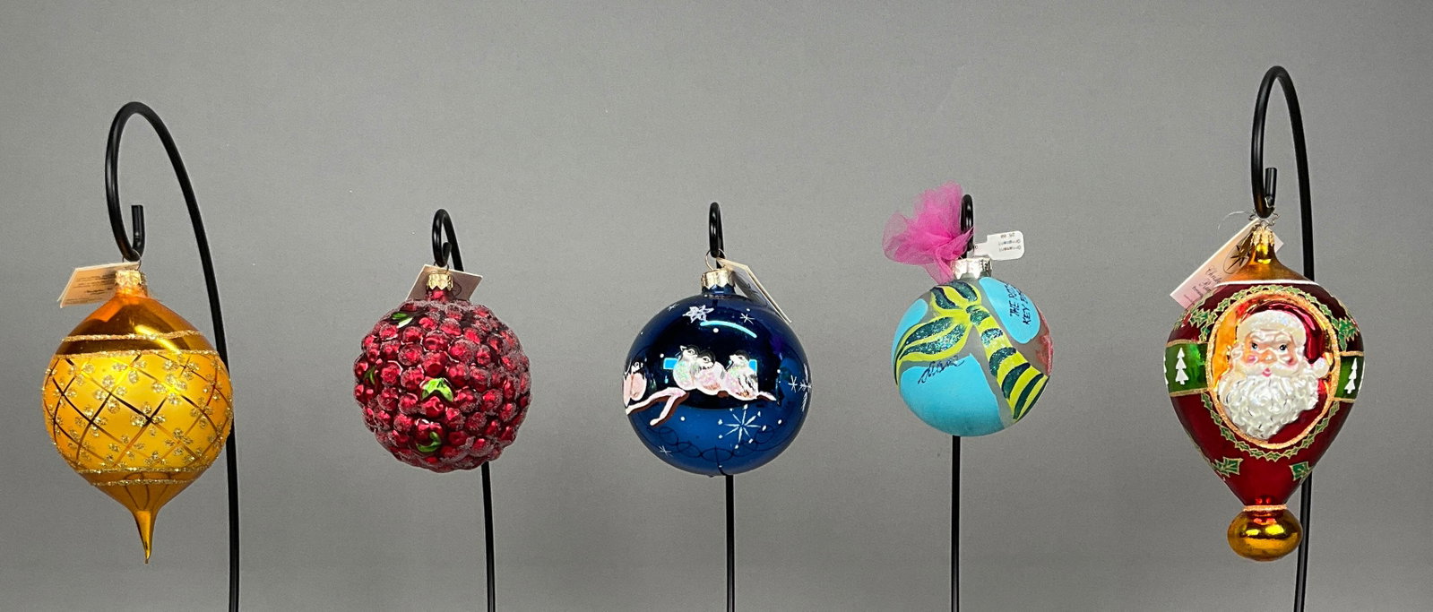 5 Radko Christmas Ornaments with Tags: 5 Radko Christmas Ornaments with Tags. Includes Includes Faberge in Gold, Peppermint Prince #1011281 - 7" - Longest, Birds on blue ball ornament, Cranberry Frost #971360, Coastal Key Always be a Merma