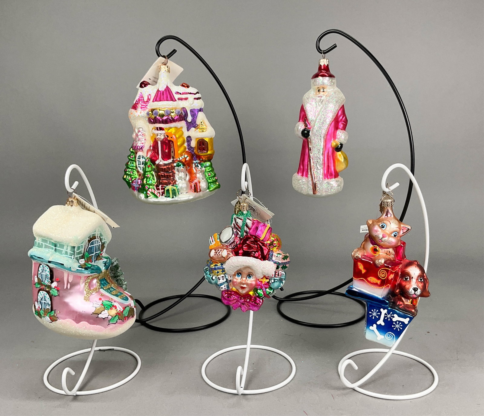 5 Radko Christmas Ornaments Dog Cat: 5 Radko Christmas Ornaments Most With Tags. Including Plum Russian Santa - no tag with some missing paint on arm, Best Bets Pets, Snow Shoe Shack #98-146-0, Candy Castle - 7.5" - Longest & Gift of Giv