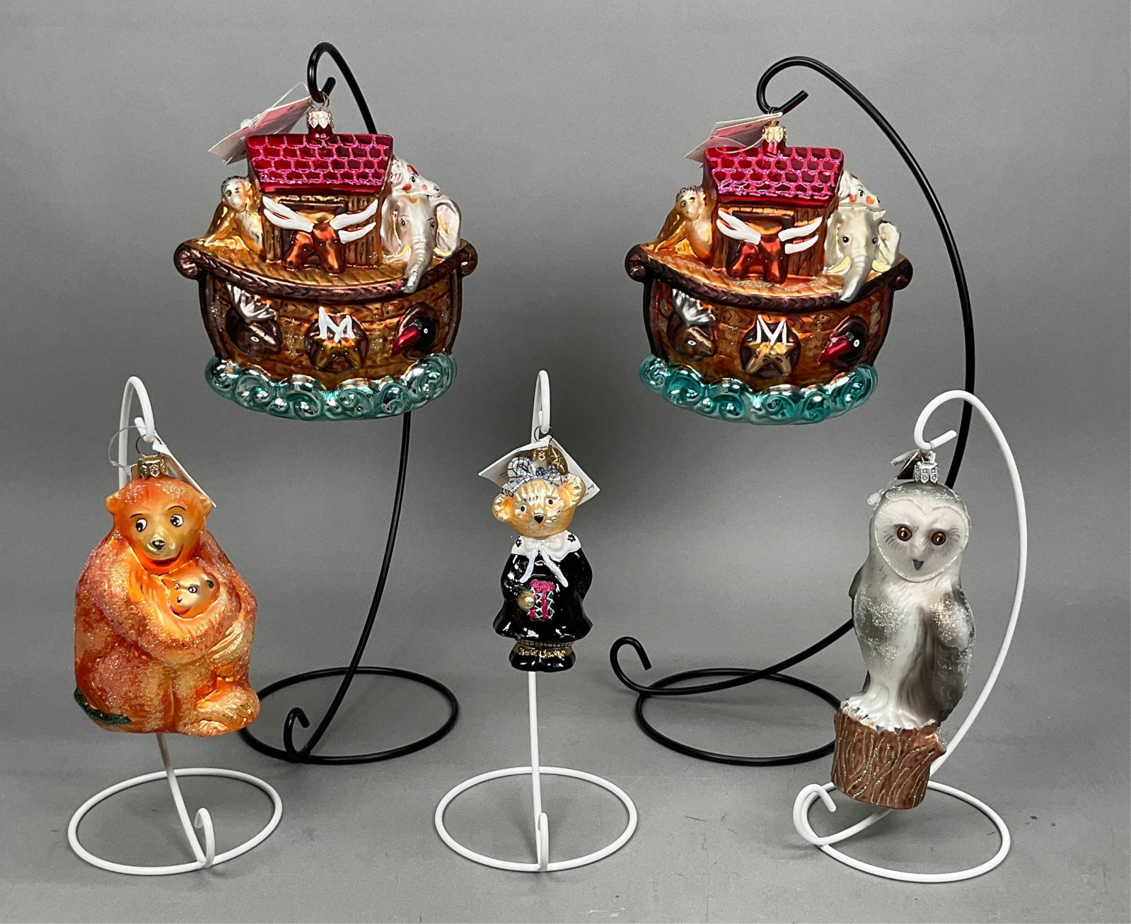 5 Christmas Ornaments Radko Eric Cortina Noahs Ark: 5 Christmas Ornaments Radko & Eric Cortina Most w/ Tags. Includes Eric Cortina Silver Barn Owl - no tag - 7" - Longest, Noah Vacancy #99-098-0 (x2) one with damage, My Little Monkey #972290, Petite Po