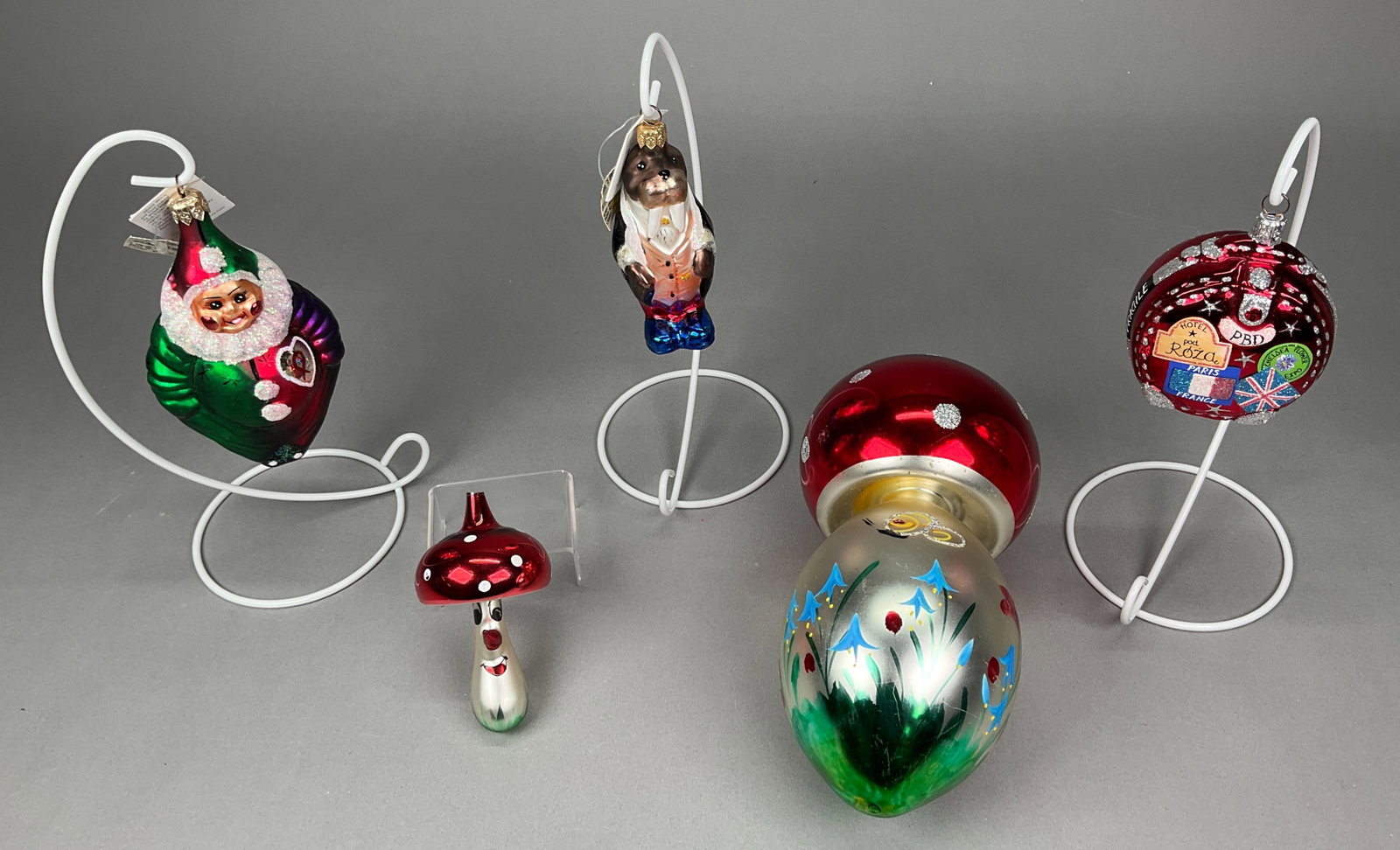5 Radko Di Carlini Christmas Ornaments Most w/o Ta: 5 Radko Di Carlini Christmas Ornaments Most w/o Tags. Includes Mushroom Ornament - no tags or topper - scratches throughout -- 9.5" - longest, Di Carlini Mushroom Ornament - no topper - a little spott