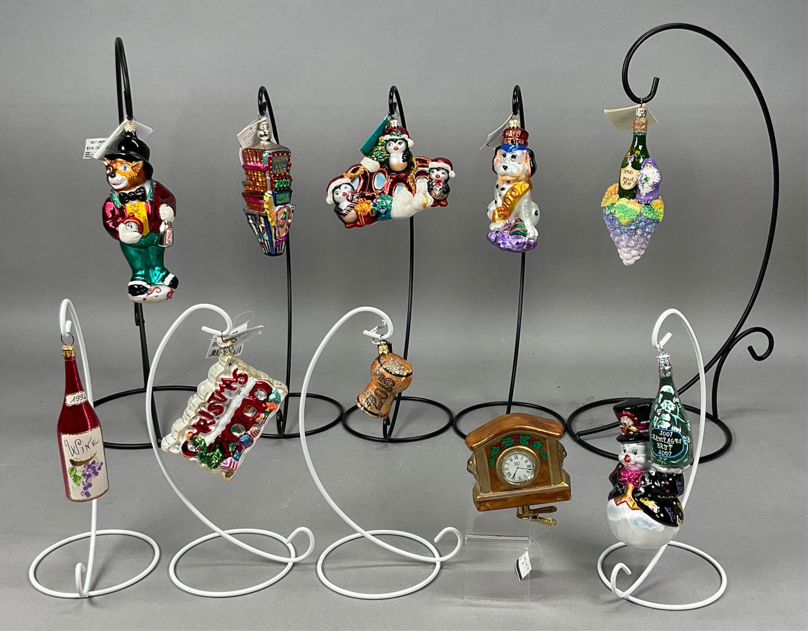 10 Radko Breen EC New Years Ornaments Most w/ Tags: 10 Radko Breen EC New Years Ornaments Most w/ Tags. Including Radko Bubbles and Cheer #99-023-0 - 7.5" - longest, Snowman Champagne Brut - no tag or brand shown, Wine Bottle - no tag or brand shown, -