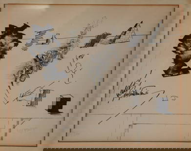 Saul Steinberg Lithograph Le Masque: Saul Steinberg (American, 1914-1999). Lithograph, Le Masque. Pencil signed lower right and numbered 21/300 in pencil lower left. 10" x 12 1/4" (with frame 14 3/4" x 17"). Toning and discoloration to m
