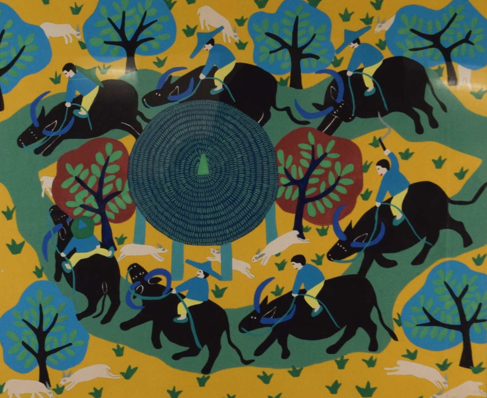 Tadashi Asoma Acrylic on Paper Folk Art: Tadashi Asoma (Japanese / American, 1923-2017). Acrylic on paper, men riding yaks, signed in pencil lower right Asoma. 19" x 23" (with frame 27" x 31").