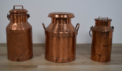 3 Copper Milk Cans Trowbridge, Columbia Heater Co.