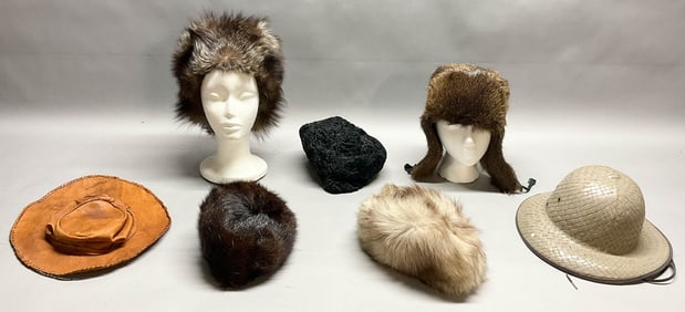 7 Vintage Hats Including Fur, Lamb