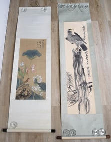 2 Hand Painted Chinese Scrolls Birds
