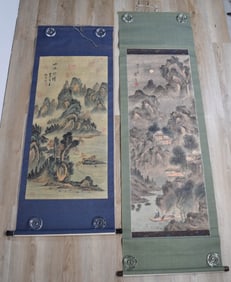 2 Chinese Hand Painted Landscape Scrolls