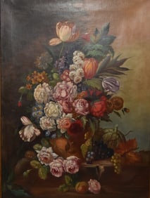 Oil on Canvas Still Life With Flowers & Fruit