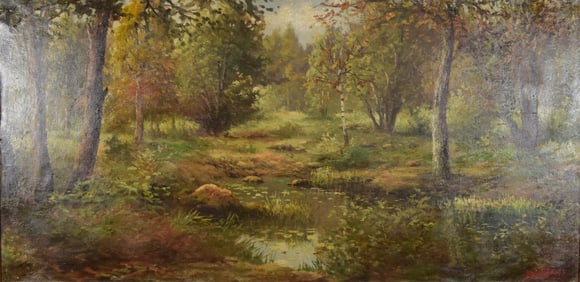 Signed Oil on Canvas Wooded Landscape