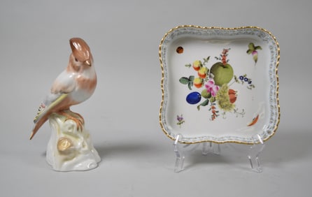 2 Pieces Herend Porcelain Singer Bird & Dish