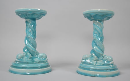 Pair Rookwood Pottery Dolphin Candlesticks