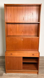 Feldballes Danish Modern Bookcase / Desk: Svend Feldballes Mobelfabrik modular Danish modern bookshelf / secretary. Top section with 2 shelves, drop front desk or bar cabinet; lower section with 1 drawer above a cabinet with sliding door. Mad